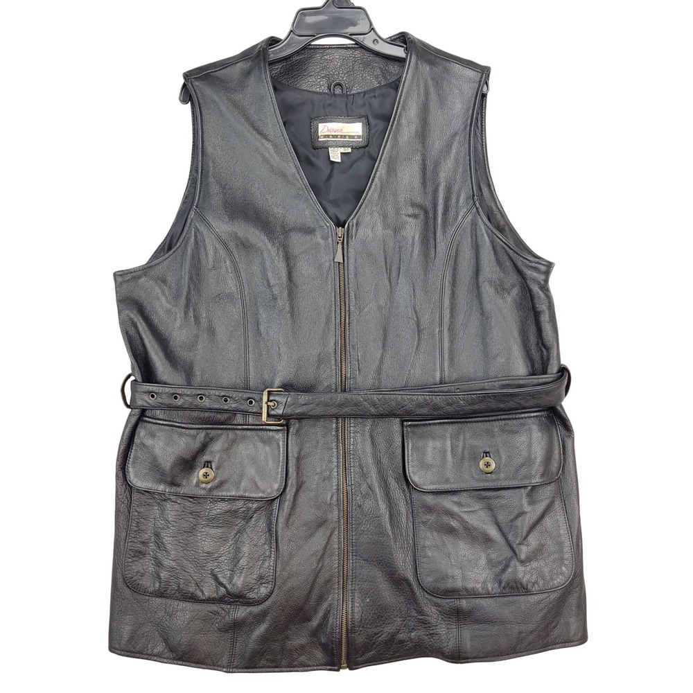 Diana Marco Leather Vest Mens 3X Black Zip Front Belted Utility Pockets V-Neck